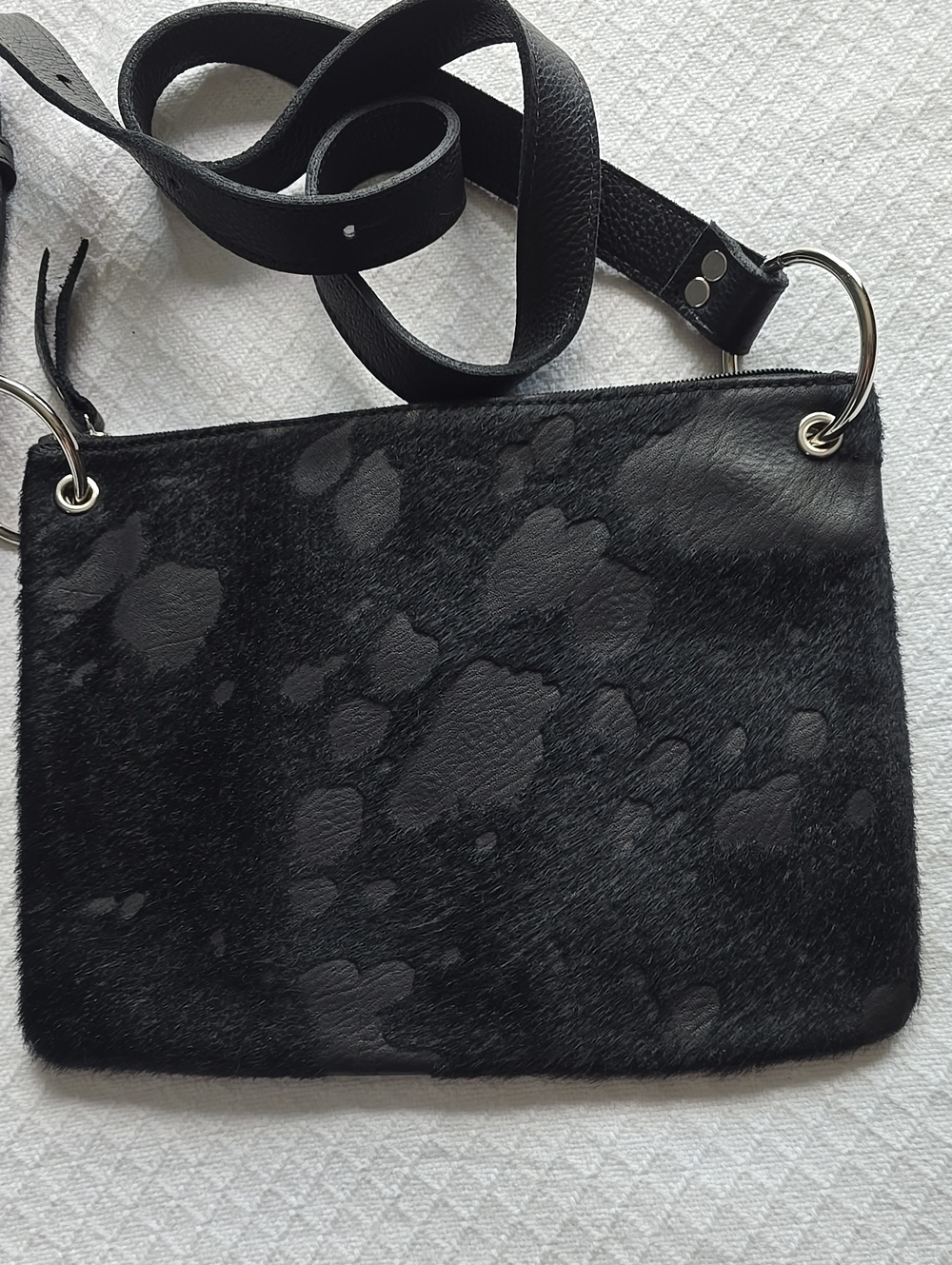 💥Evoke Black Leather Calf Hair Boho Crossbody Bag Silver Ring Hardware